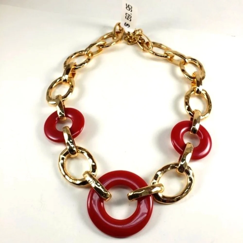 Gold Statement Necklace – Bold Red Burgundy Hoop Design - Women's Jewelry
